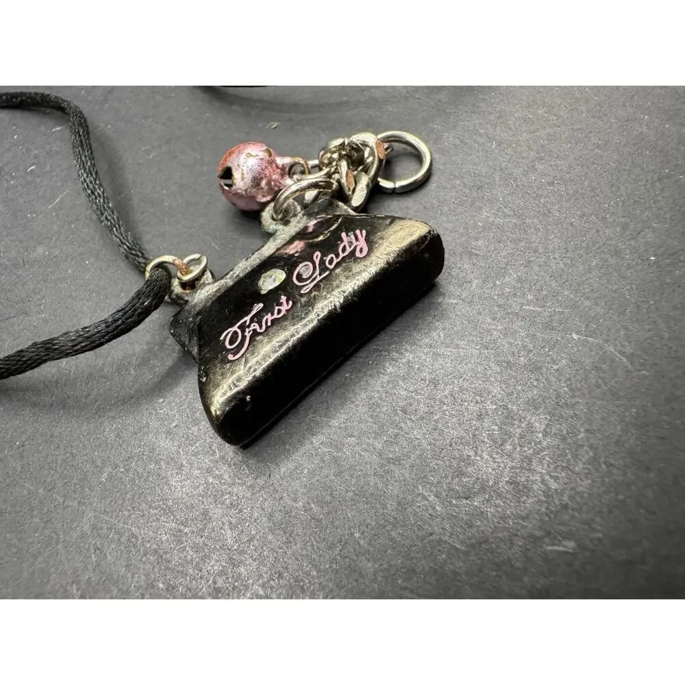 Vintage Silver Tone First Lady Purse Crystal Accent Pendant Necklace Black Cord